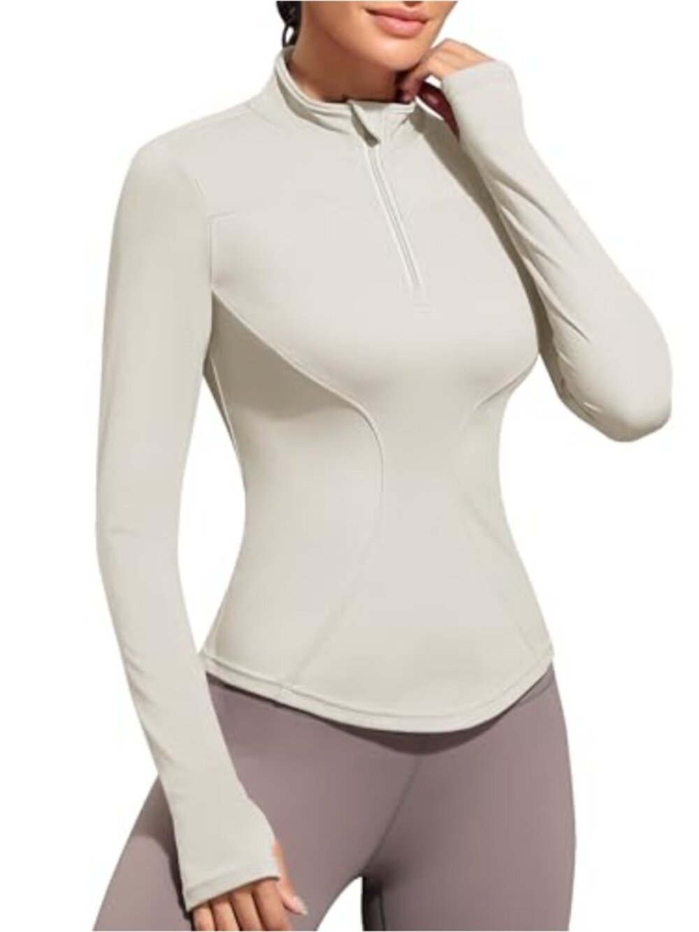 Long Sleeve Quarter Zip Workout Top Quick Dry Thumbholes Slim Fit Yoga Athletic